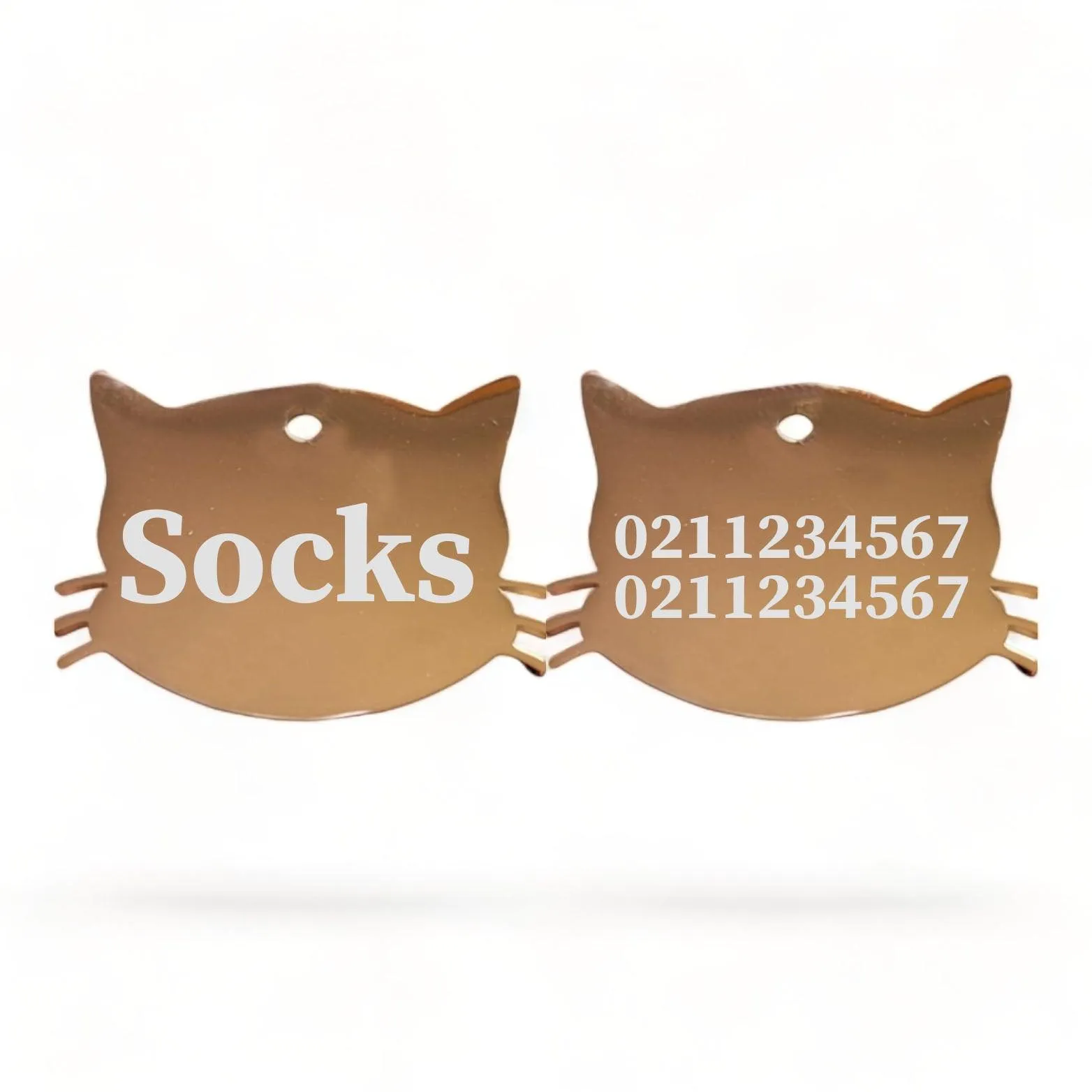 Name Front & 2 Numbers Back Cat Whiskers | Mirror Stainless | Cat ID Pet Tag