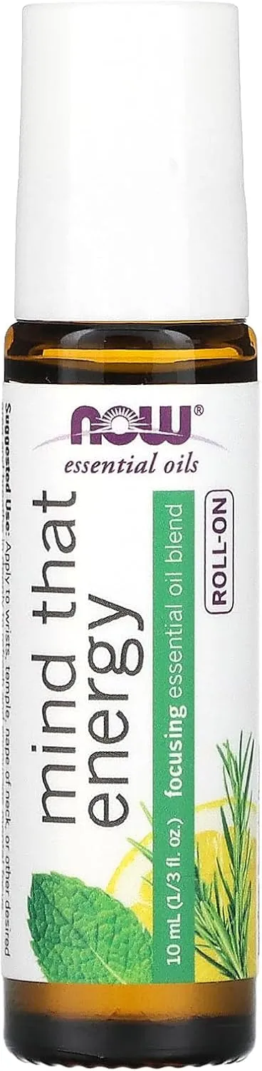 NOW Essential Oils, Mind That Energy Roll On, Non-GMO Project Verified, Focusing Blend, Steam Distilled, Topical Aromatherapy, 10-mL