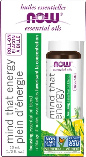 NOW Essential Oils, Mind That Energy Roll On, Non-GMO Project Verified, Focusing Blend, Steam Distilled, Topical Aromatherapy, 10-mL