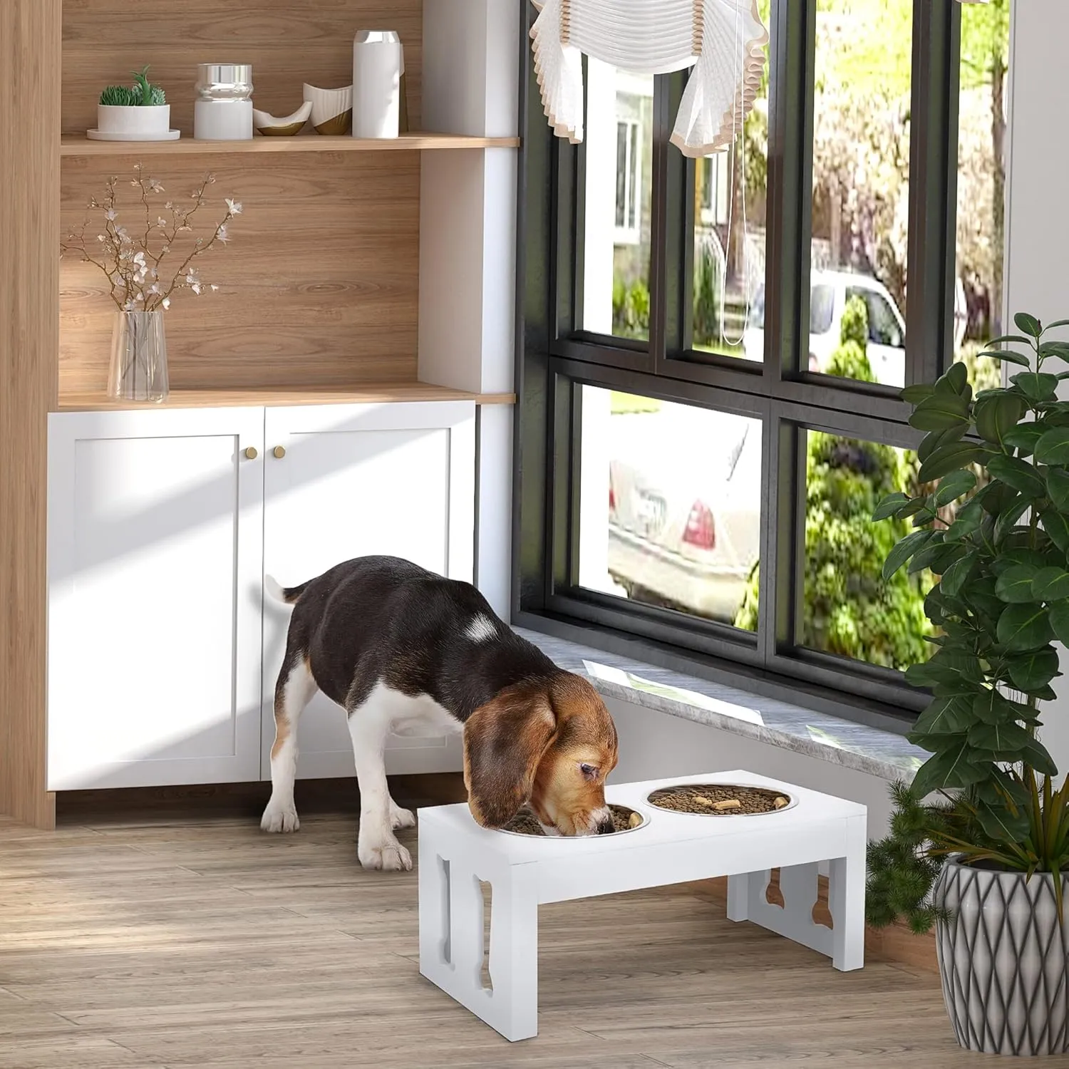 PawHut 23" Modern Decorative Dog Bone Wooden Heavy Duty Pet Food Bowl Elevated Feeding Station - White