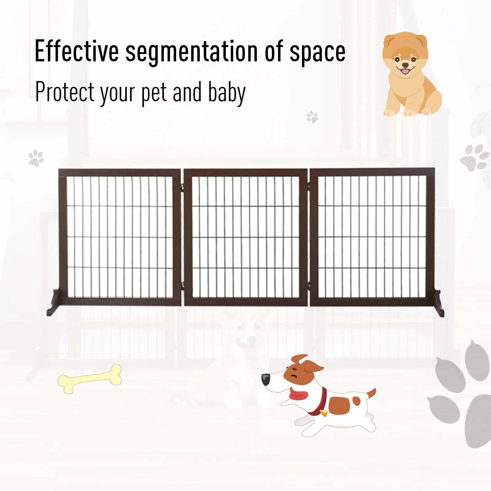 PawHut 3 Panel Pet Gate Pine Frame Indoor Foldable Dog Barrier w/Supporting Foot