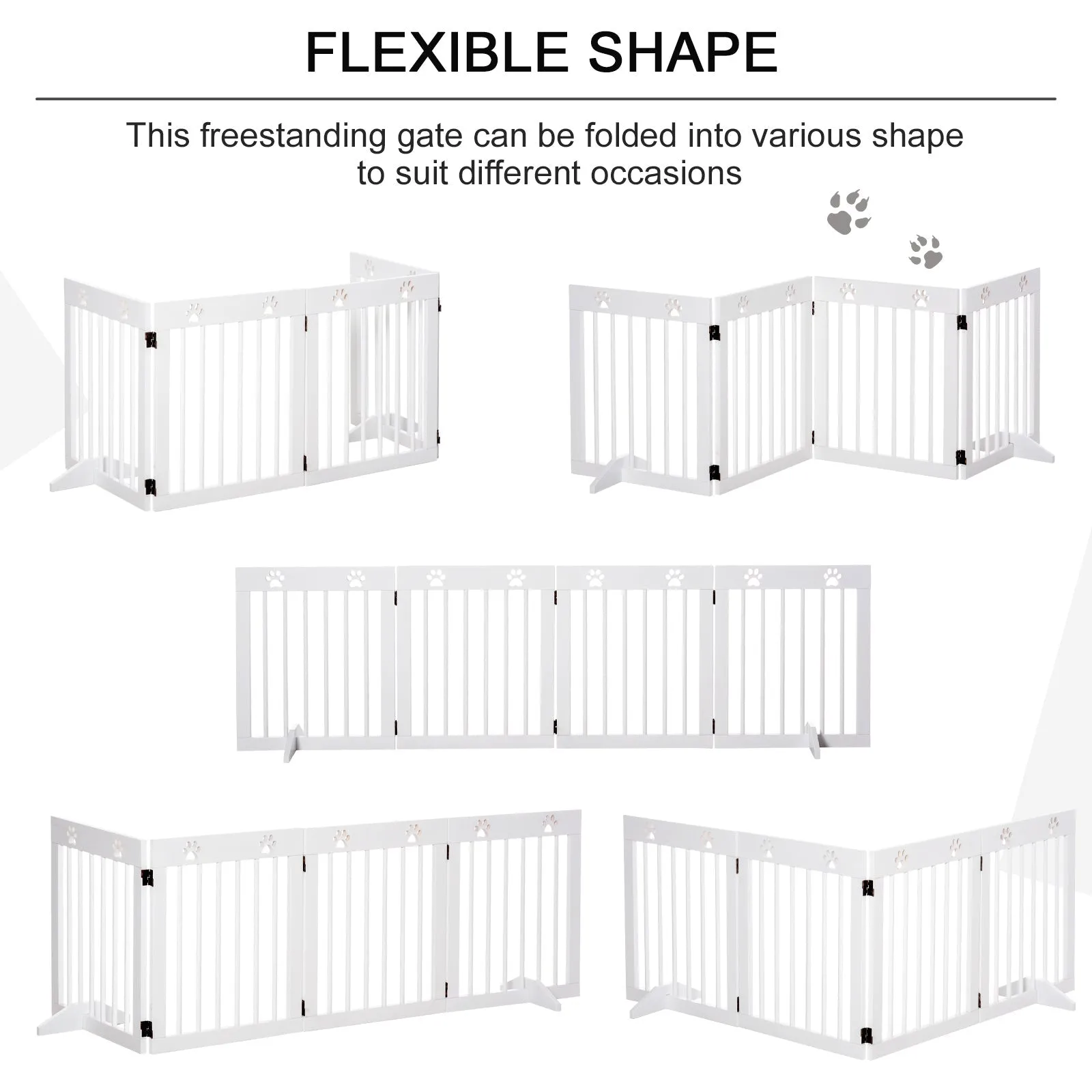 Pawhut Freestanding Pet Gate 4 Panel Wooden Dog Barrier Folding Safety Fence With Support Feet Up To 204cm Long 61cm Tall For Doorway Stairs White