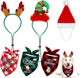 Pedgot 6 Pack Pet Costume Accessories Christmas Classic Buffalo Plaid Pet Scarf Pet Xmas Reindeer Antlers Headband with Ears Adjustable Xmas Dog Santa Hat for Pets Decor