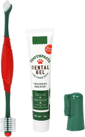 Pet Dental Care Kit - Dog & Cat Toothbrush & Toothpaste - Beef Flavor - Removes Plaque & Tartar - Fresh Mouth - Easy to Use - Suitable for Small, Medium & Large Pets