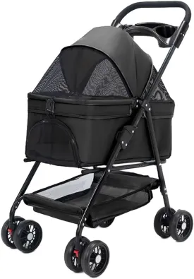 Pet stroller with detachable cabin bag,4 wheels pet pram cart for dogs and cats,foldable pet trolley,swivel front wheel,rear wheel with foot brakes,front and back openable canopy
