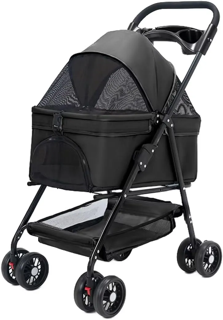Pet stroller with detachable cabin bag,4 wheels pet pram cart for dogs and cats,foldable pet trolley,swivel front wheel,rear wheel with foot brakes,front and back openable canopy