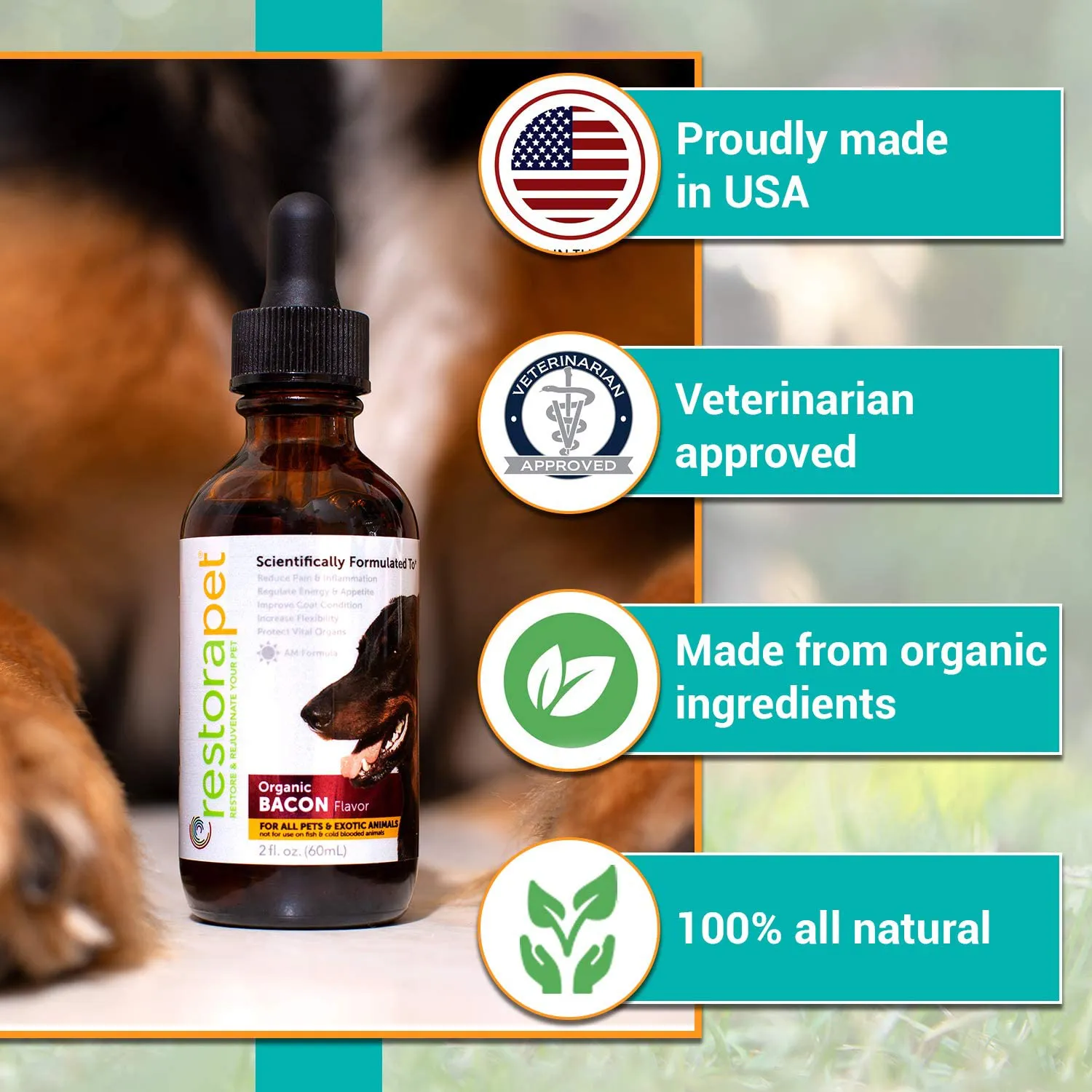 RestoraPet Organic Bacon Flavor Pet Supplement for Dogs, Cats & Horses | Healthy & Safe Antioxidant Liquid Drops | Anti-Inflammatory Multi-Vitamin | Increases Mobility, Energy & Reduces Joint Pain