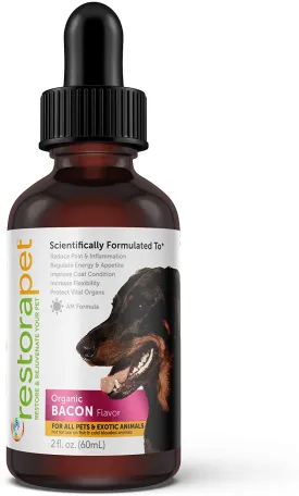 RestoraPet Organic Bacon Flavor Pet Supplement for Dogs, Cats & Horses | Healthy & Safe Antioxidant Liquid Drops | Anti-Inflammatory Multi-Vitamin | Increases Mobility, Energy & Reduces Joint Pain