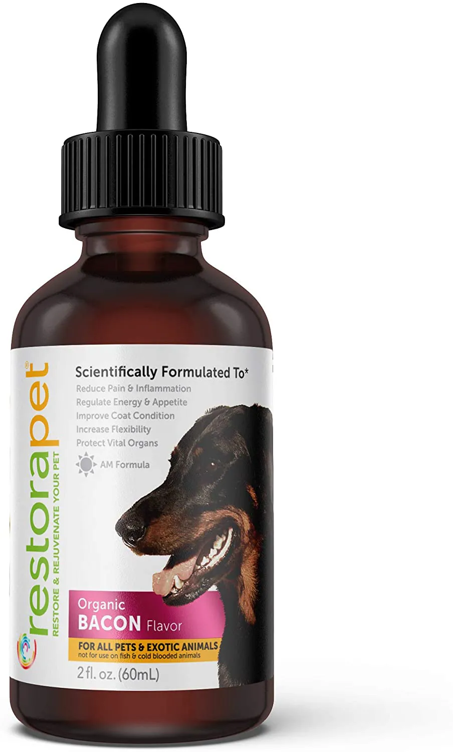 RestoraPet Organic Bacon Flavor Pet Supplement for Dogs, Cats & Horses | Healthy & Safe Antioxidant Liquid Drops | Anti-Inflammatory Multi-Vitamin | Increases Mobility, Energy & Reduces Joint Pain