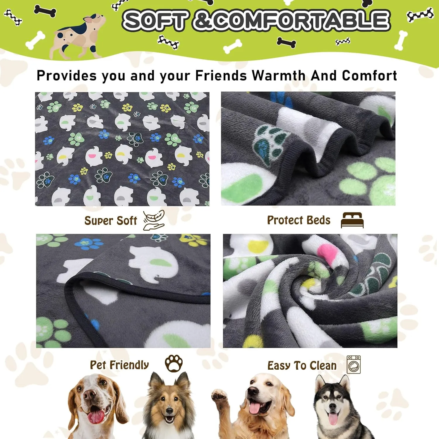 Rezutan Dog Blankets for Large Dogs, 80x60 inch, Dog Cat Flannel Blankets Washable, Soft Pet Mat Throw Cover for Kennel Crate Bed, Grey Cute Elephant Dog Paw, Dog Blanket, Pet Blanket