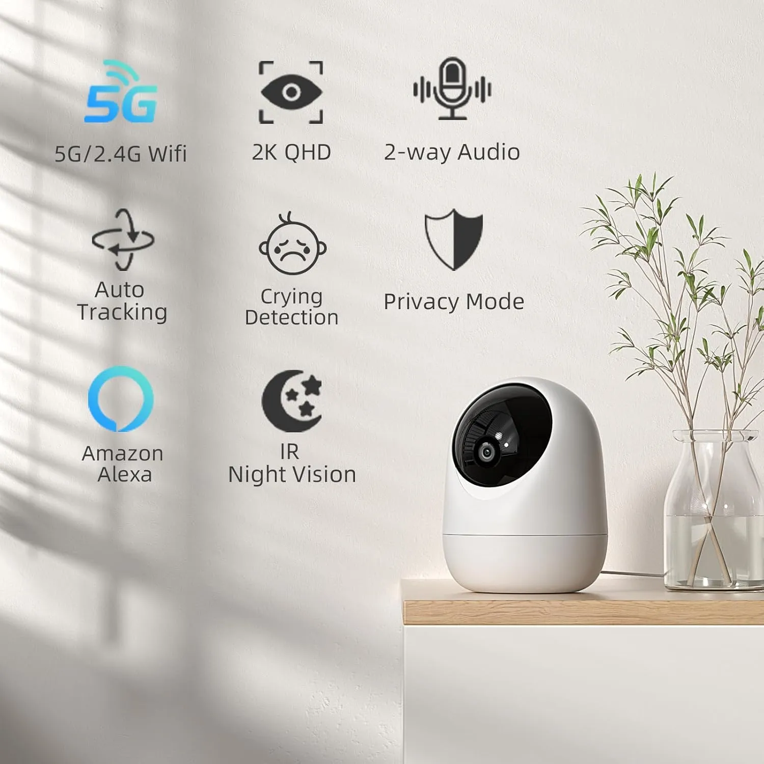 Rraycom 2Pack 2K Security Camera Indoor 5G/2.4 GHz Wi-Fi, Baby Monitor Pet/Dog Camera 360-Degree for Home Security, Smart Motion Tracking, 24/7 Live View, Night Vision, Compatible with Alexa