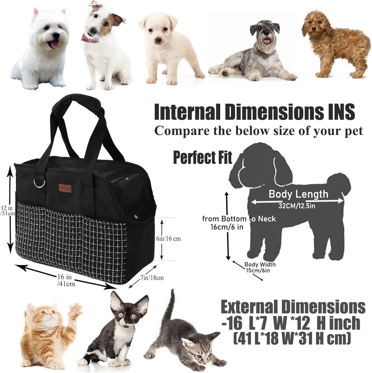 Small Dog Carrier Black Womens Purse for Puppy Bag Cat Carriers Fashion Pets Woman Bags Lightweight Totes Pups Kitties Bunny Picnic Outdoor