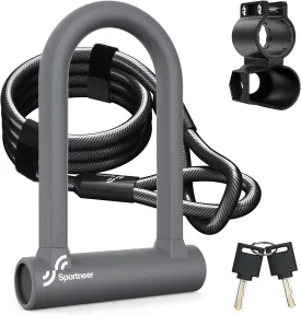Sportneer Bike Lock - Heavy Duty Anti Theft Bike U Lock with 5ft Security Steel Cable - 17mm Shackle Bicycle U-Locks with Keys & Sturdy Mounting Bracket for Road, Mountain, Electric Bike, Grey