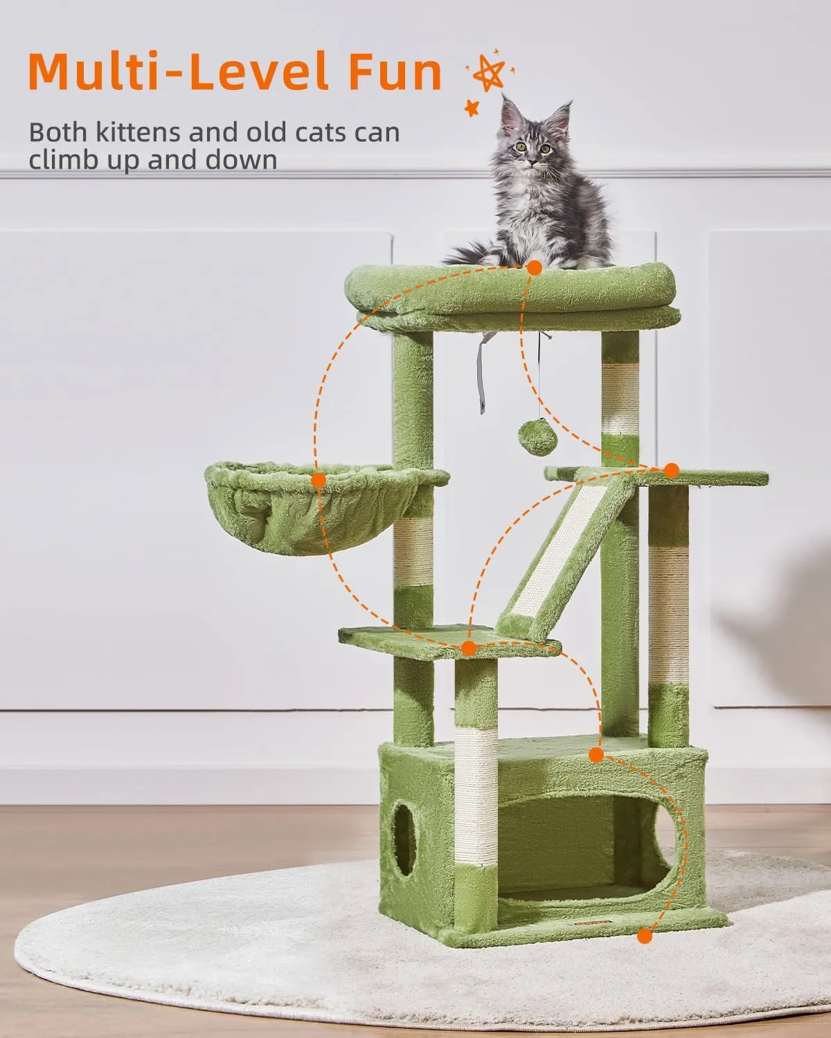 Taoqimiao Cat Tree,38.5-Inch Cat Tower for Indoor Cats,Suitable for Kittens with Luxurious cat condo with Adjustable Baskets and Luxurious Perch MS029SGR Green