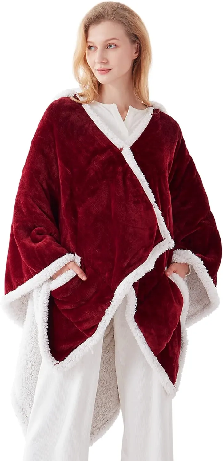 Wearable Heated Hoodie Blanket 60"x50" Christmas Red & Ivory