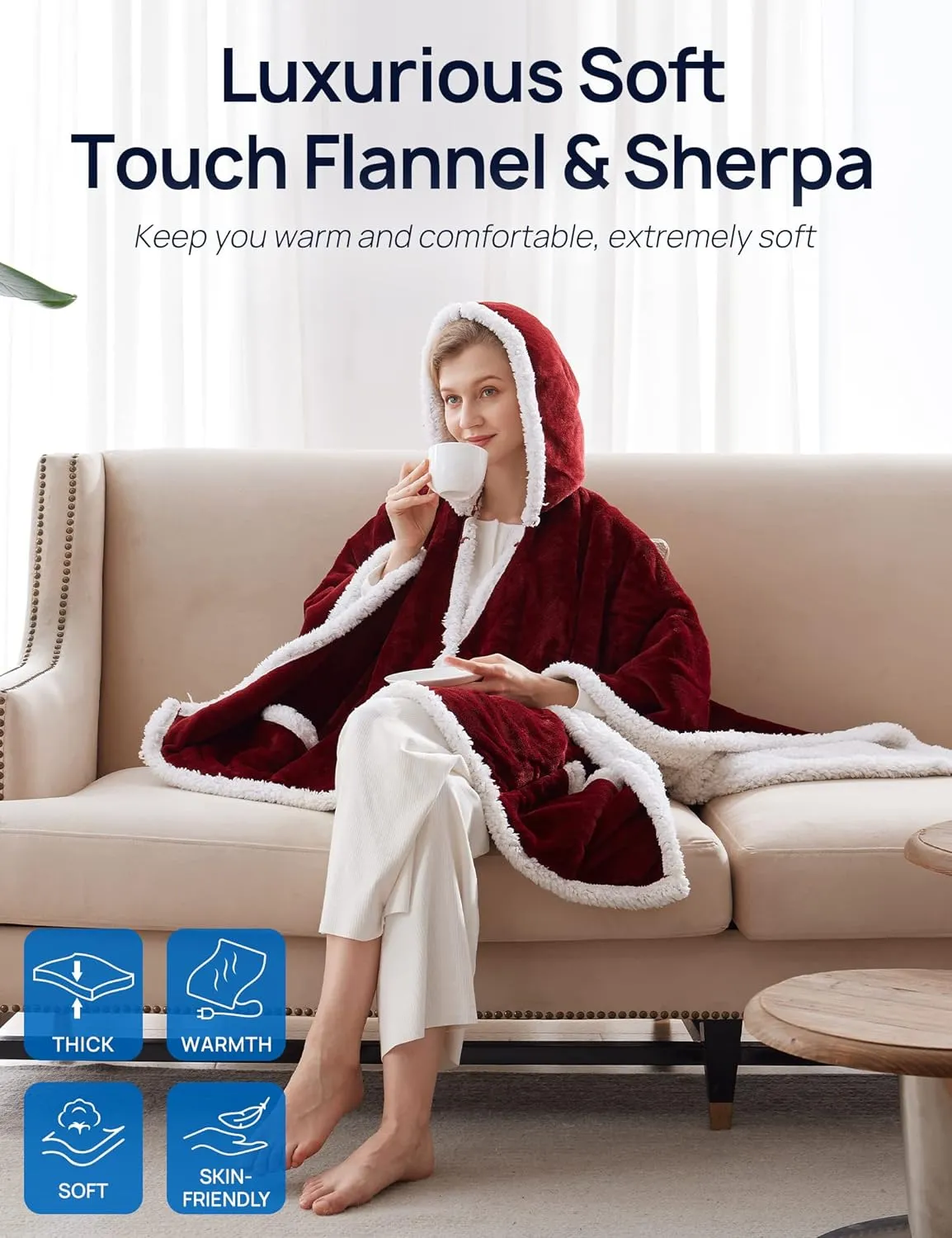 Wearable Heated Hoodie Blanket 60"x50" Christmas Red & Ivory