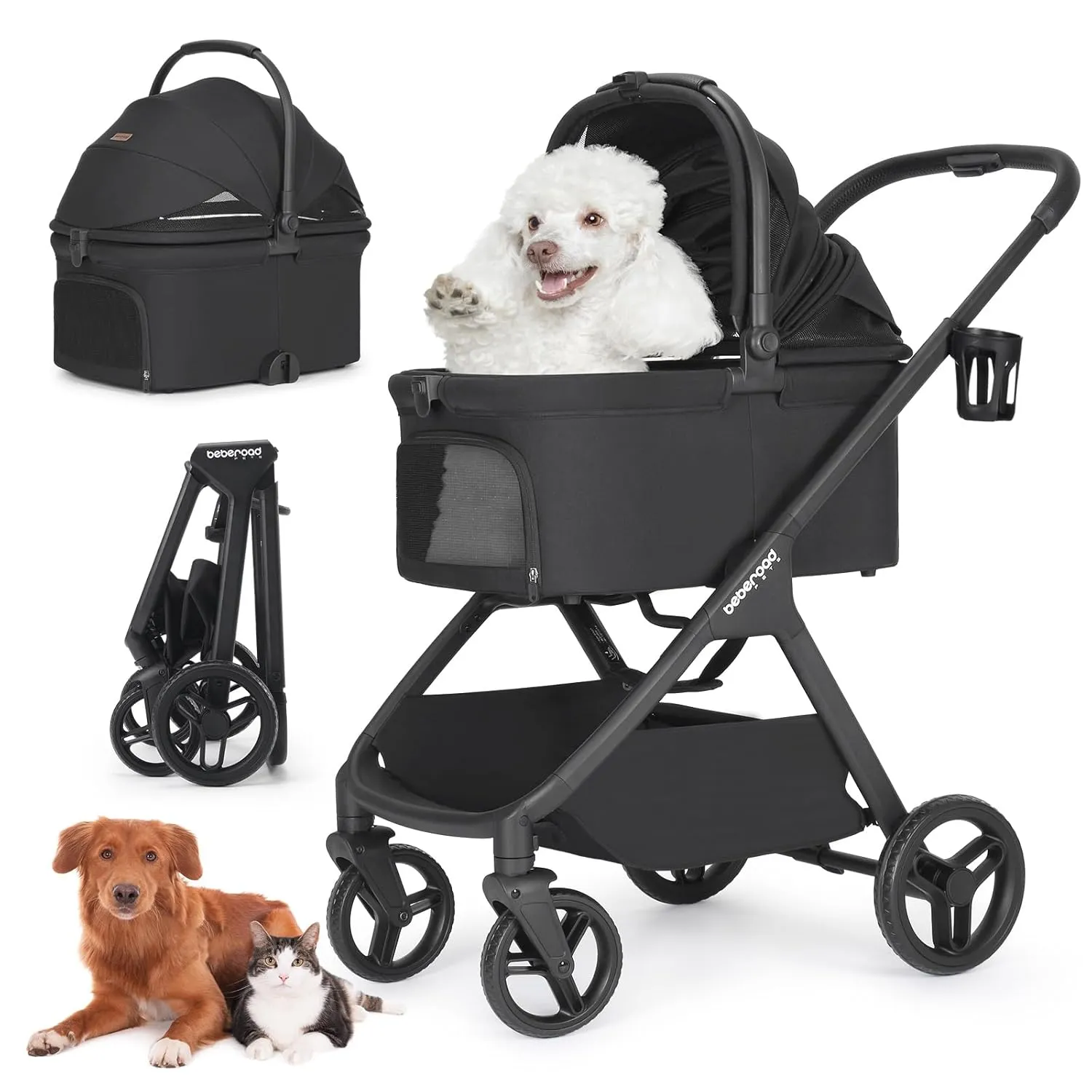 X-5 Luxury Pet Stroller for Medium Dog Under 55lbs or 2 Small Dogs & Cats, Foldable and Carrier -Detachable (Black)